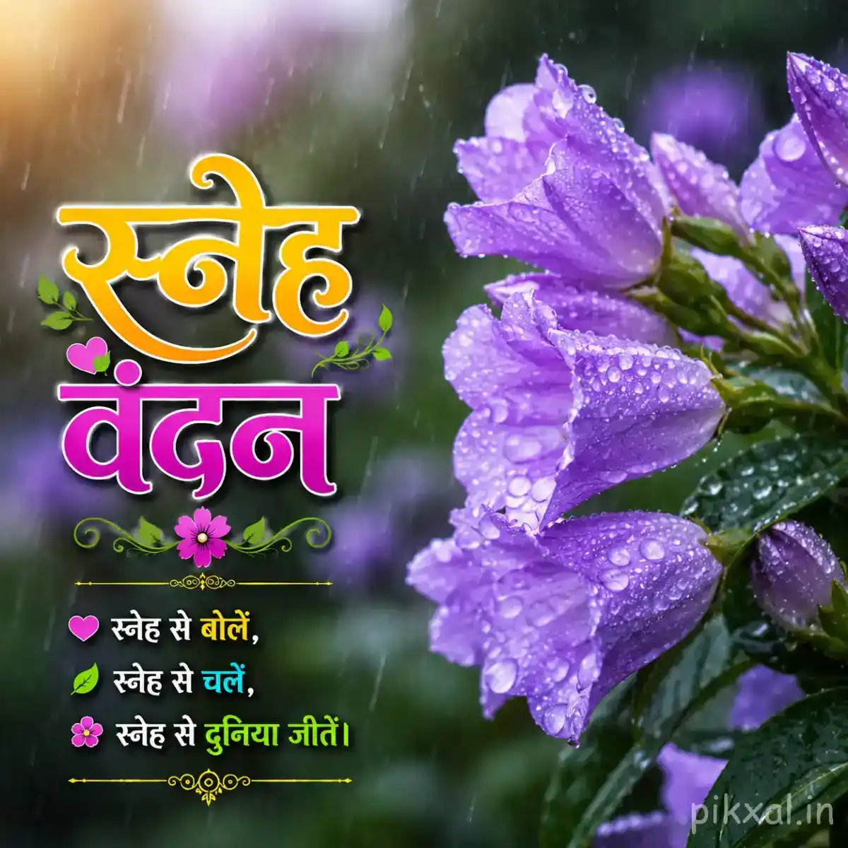 Purple bell-shaped flower covered with raindrops and green leaves against a rainy garden background with a स्नेह वंदन quote