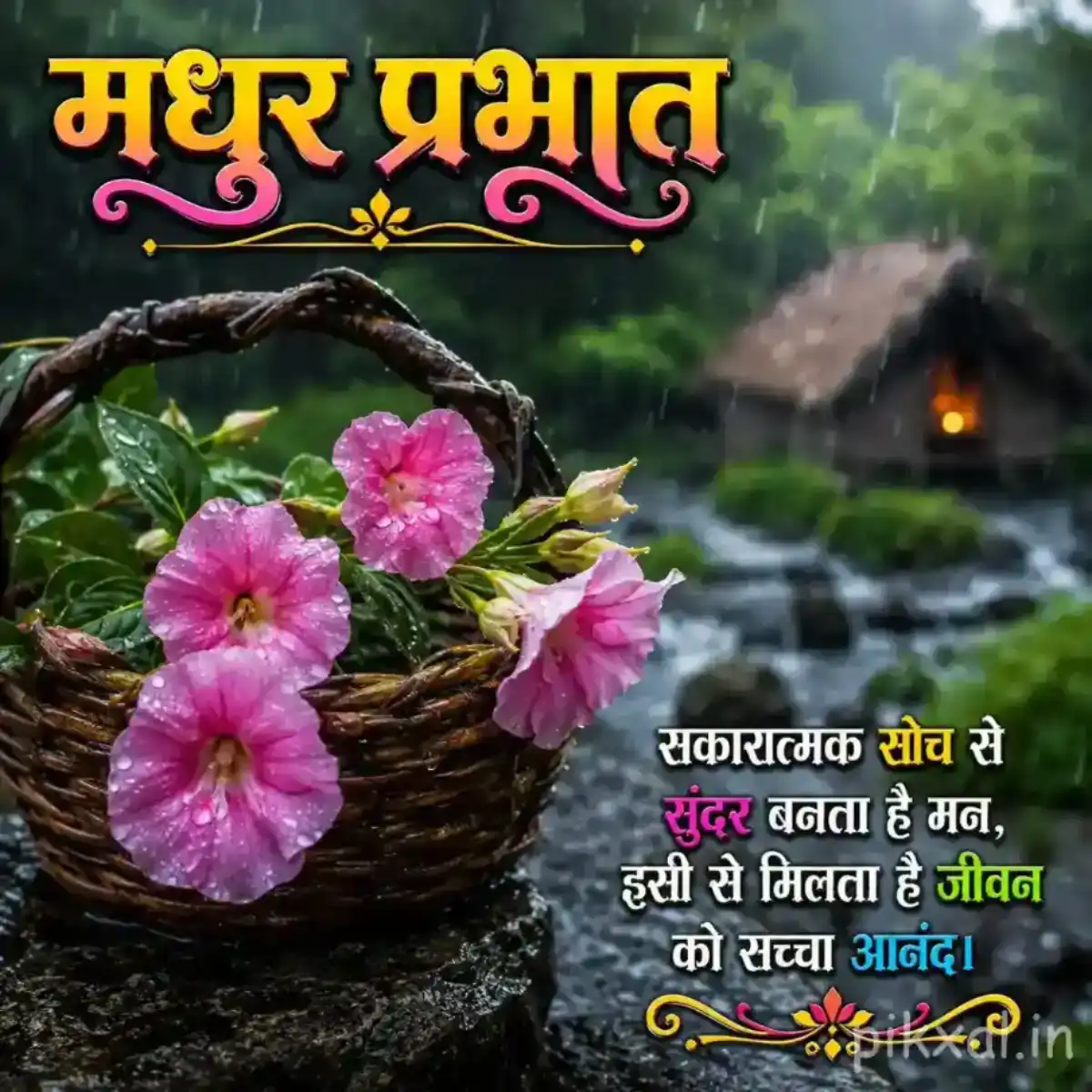 Cluster of pink flowers with green leaves in a woven basket beside a rainy garden path with a मधुर प्रभात quote