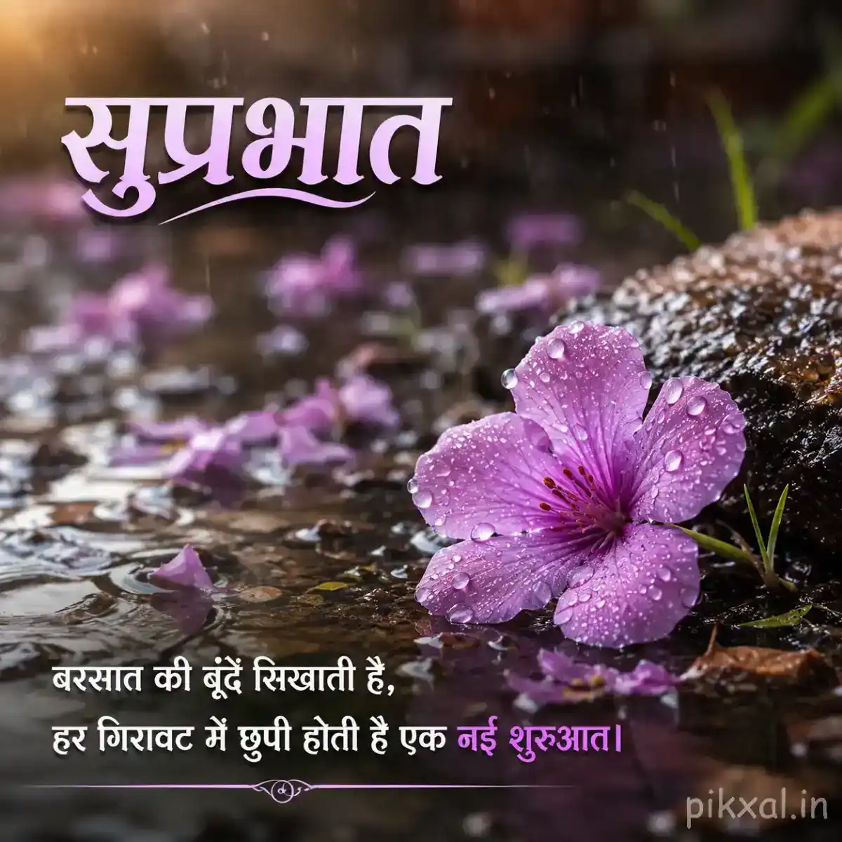 Single light purple five-petaled flower with green leaves and raindrops on a wet garden path with a सुप्रभात quote