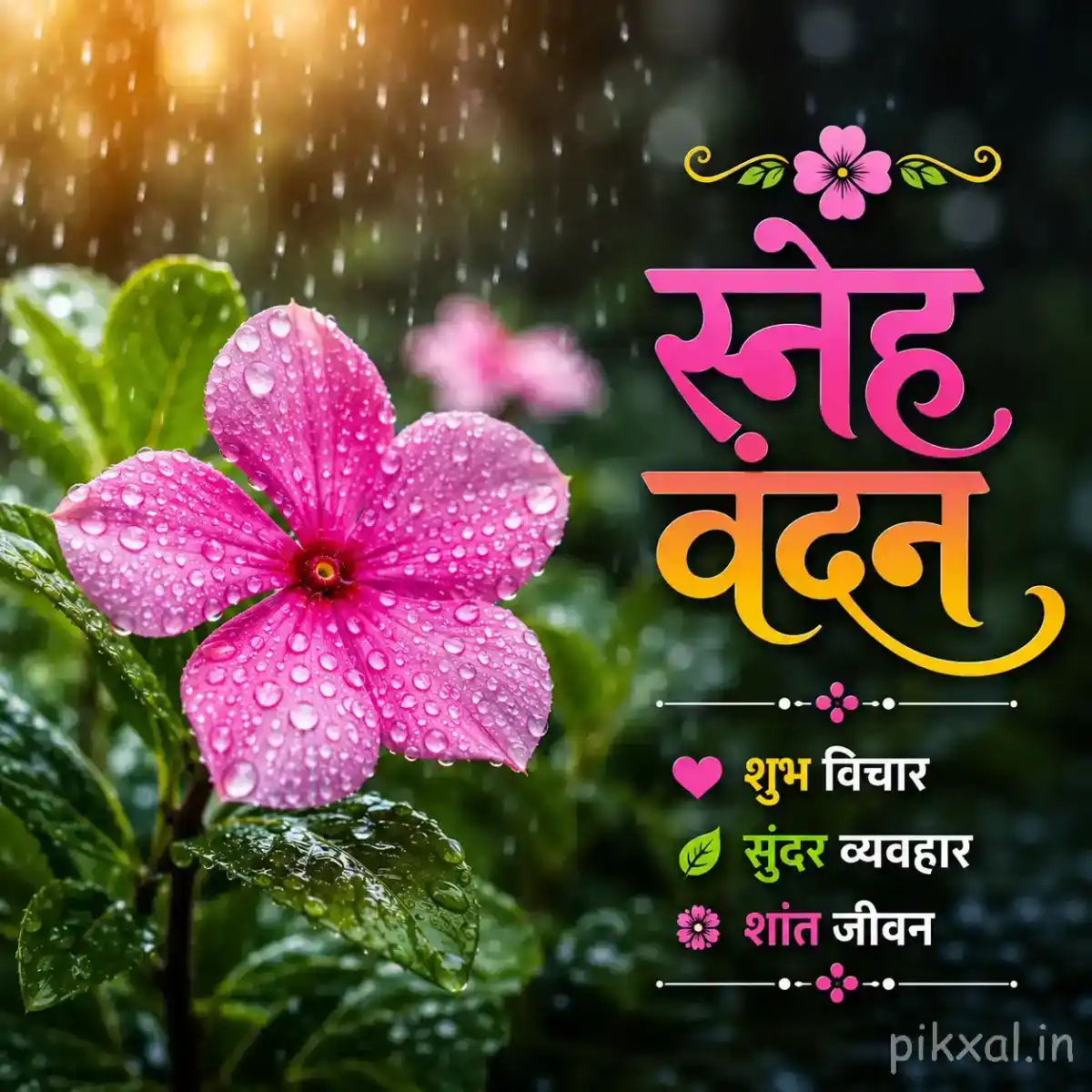 Rainy Good Morning Images featuring a single pink five-petaled flower with a yellow center, green leaves and raindrops in a rainy garden