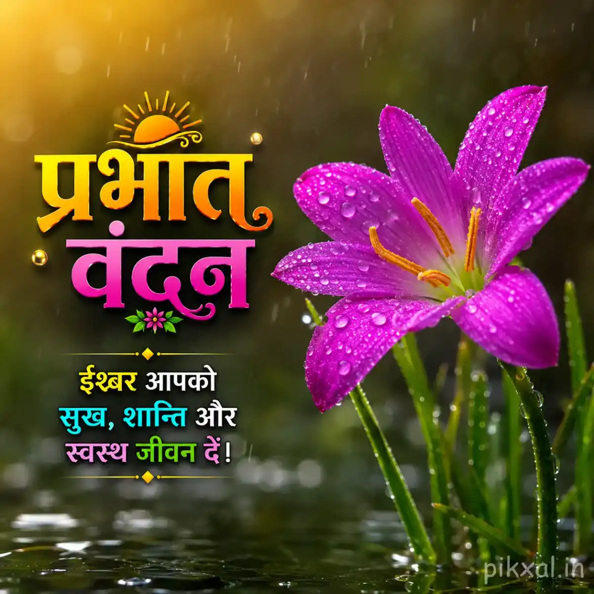 Two bright pink rain lily flowers with long green leaves and raindrops beside a wet pond with a प्रभात वंदन quote