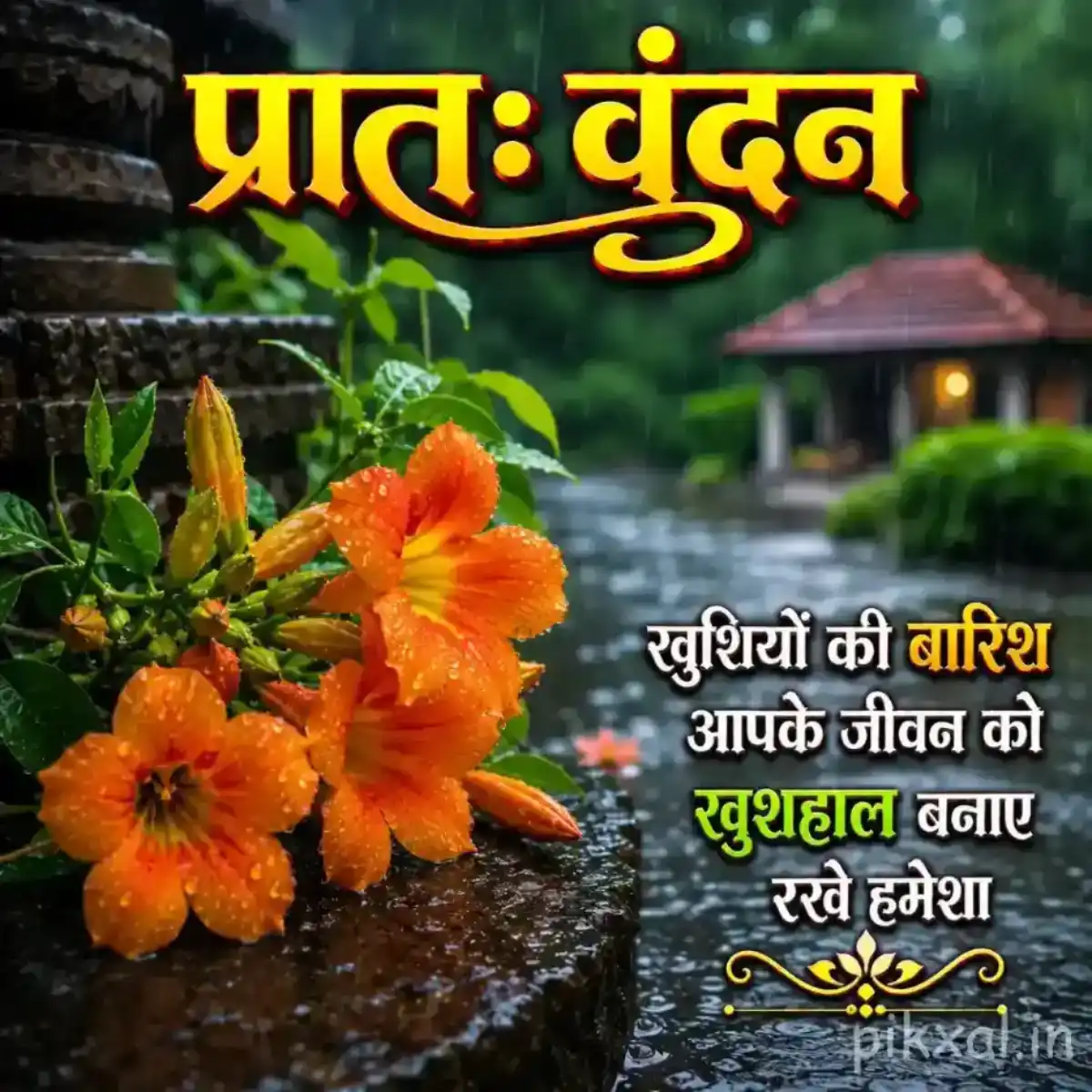 Two orange flowers with green leaves and raindrops beside a wet garden path with a प्रातः वंदन quote