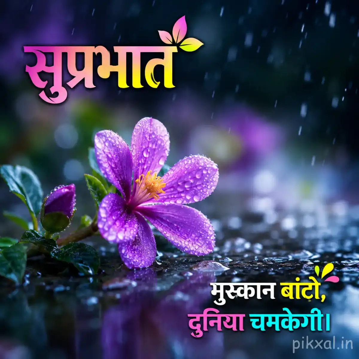Single purple five-petaled flower with a yellow center, green leaves and raindrops beside a wet garden path with a सुप्रभात quote