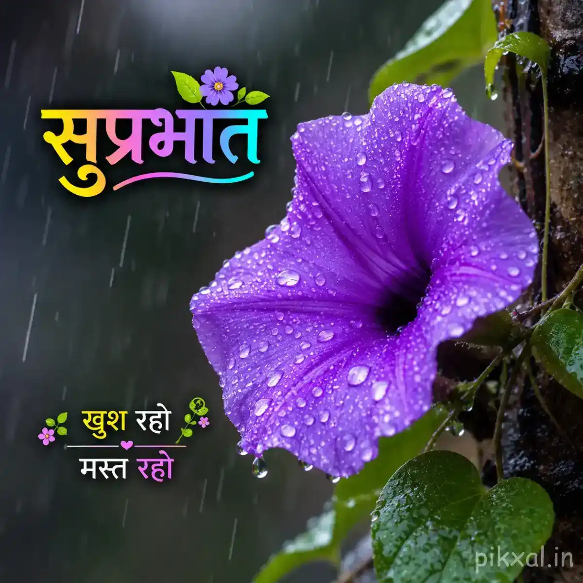 Single bright purple hibiscus flower with green leaves and raindrops against a rainy garden background with a सुप्रभात quote