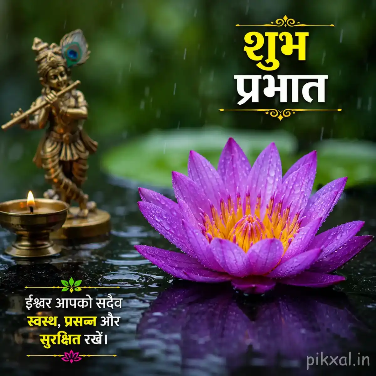 Single purple water lily with a yellow center and green lily pads floating on a rainy pond beside a devotional lamp