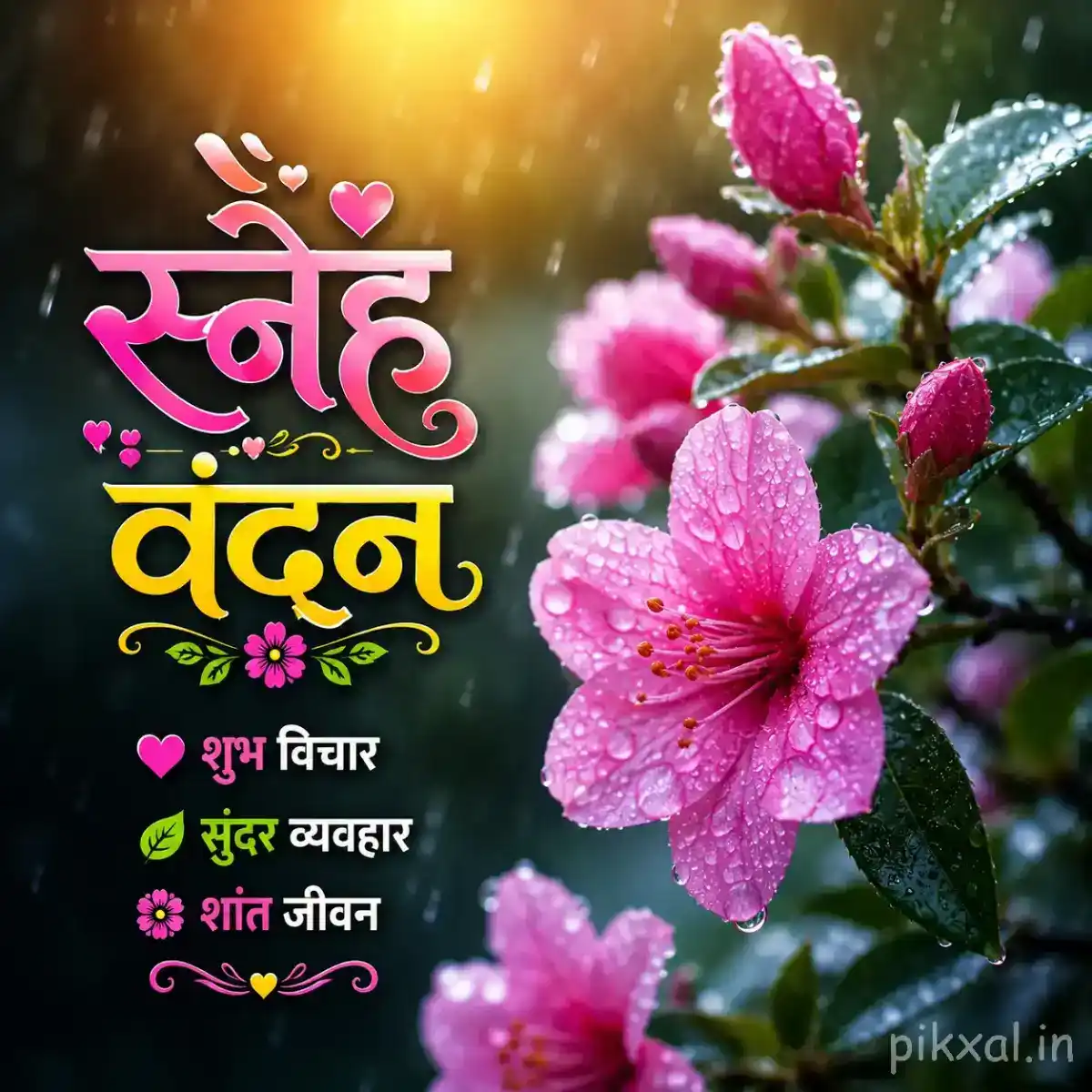 Cluster of pink flowers with green leaves and raindrops beside wet stones in a rainy garden with a स्नेह वंदन quote