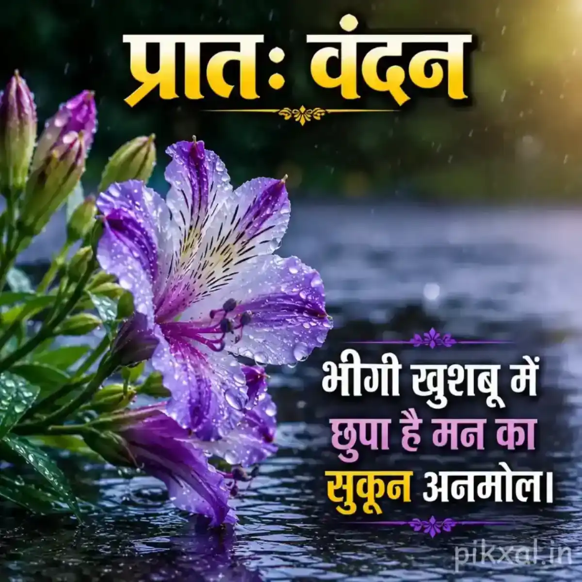 Purple and white lily flowers with green leaves and raindrops beside a wet pond with a प्रातः वंदन quote