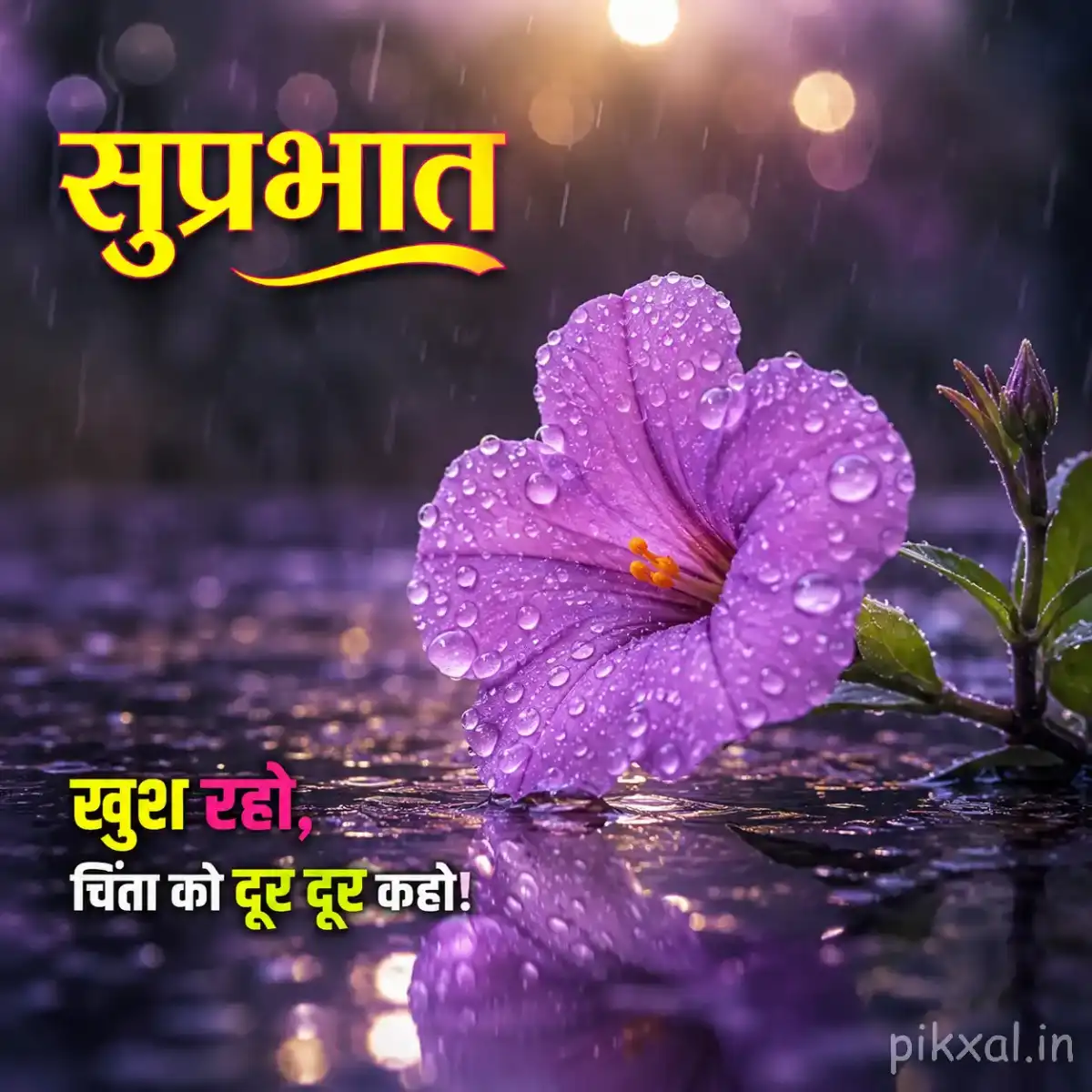 Single purple five-petaled flower with a dark center and raindrops against a blurred rainy pond background with a सुप्रभात quote
