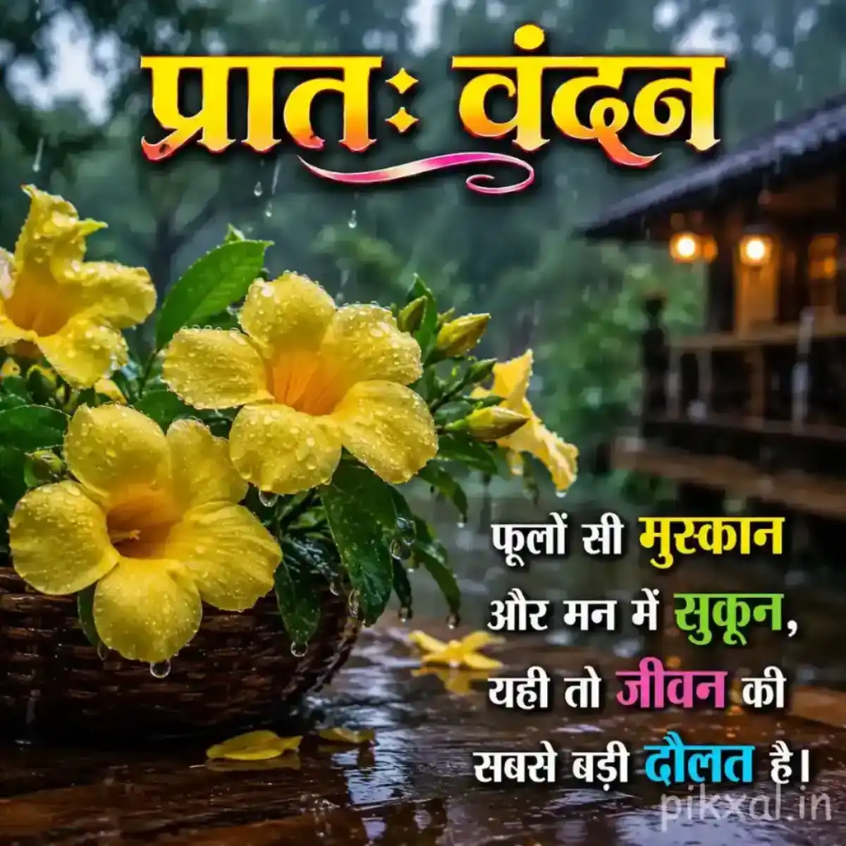 Cluster of yellow flowers with green leaves and raindrops beside a rainy garden path with a प्रातः वंदन quote