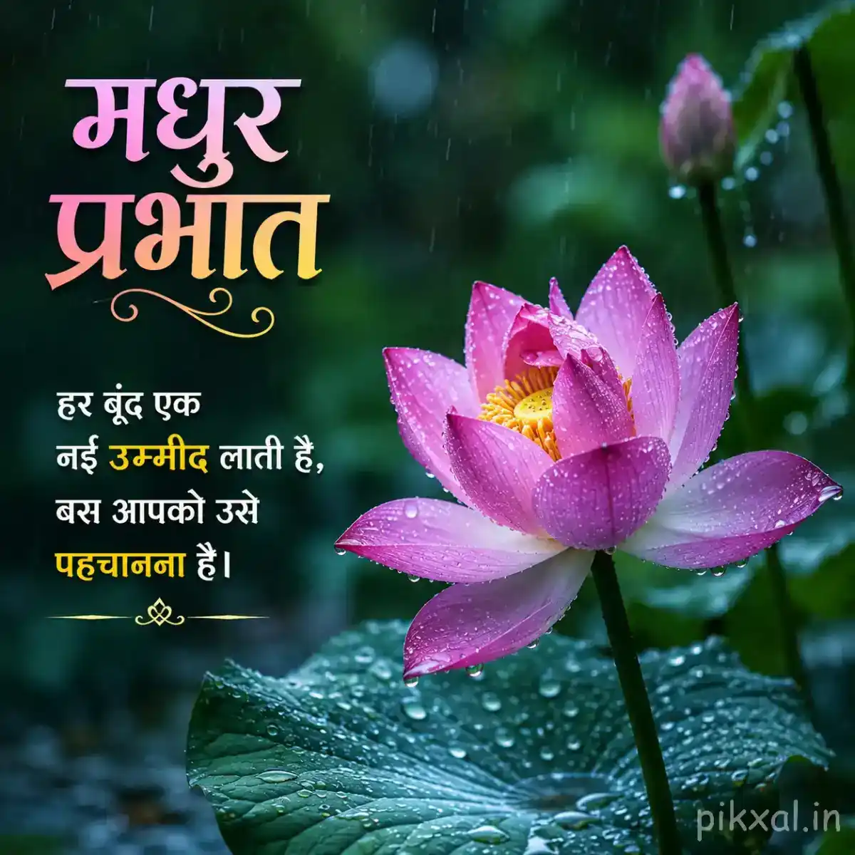 Single pink lotus flower with green lily pads and raindrops floating on a rainy pond with a मधुर प्रभात quote