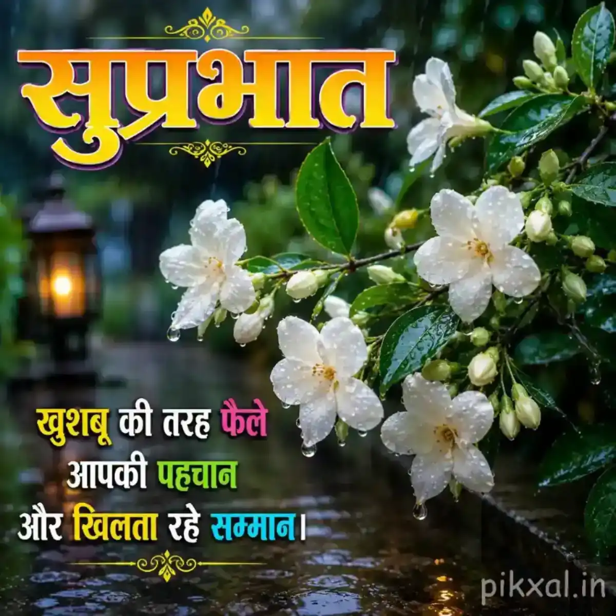 Cluster of small white flowers with green leaves and raindrops against a rainy garden background with a सुप्रभात quote