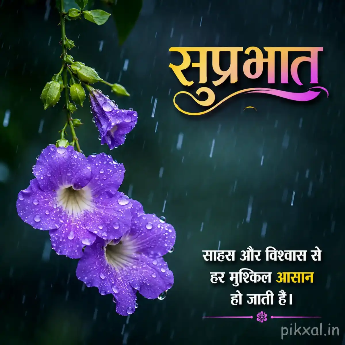 Two purple trumpet-shaped flowers with green leaves and raindrops against a dark rainy garden background with a सुप्रभात quote