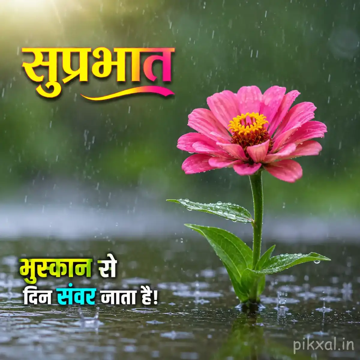 Single pink daisy-like flower with a yellow center, green leaves and raindrops beside a wet pond with a शुभ सवेरा quote