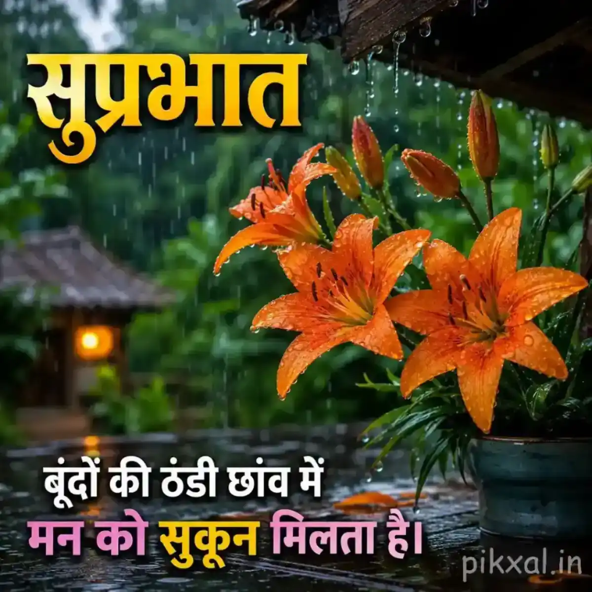 Two orange lily flowers with green leaves and raindrops in a lush rainy garden with a सुप्रभात quote
