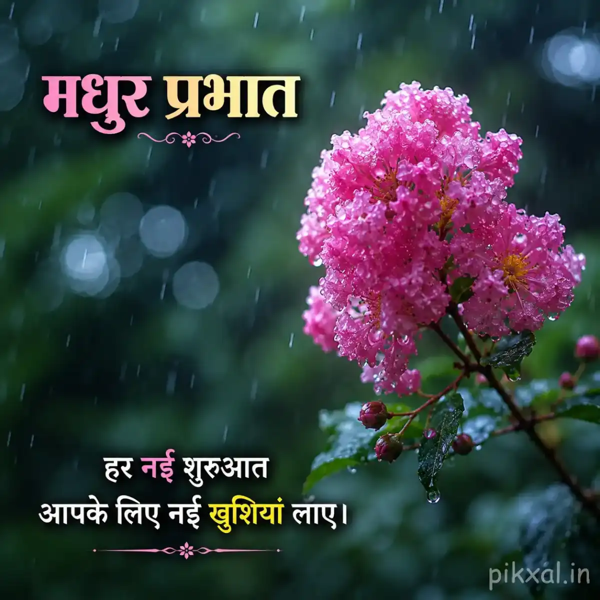 Pink flower cluster with green leaves and raindrops against a dark monsoon garden background with a मधुर प्रभात quote