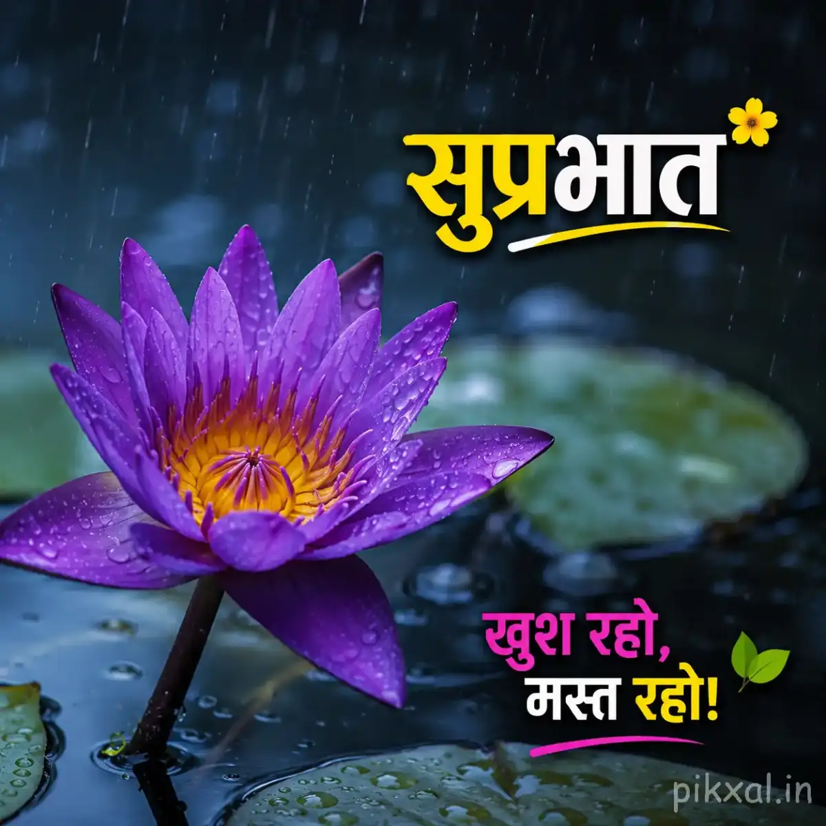 Single purple water lily with a yellow center floating on a rainy pond with green lily pads and a सुप्रभात quote
