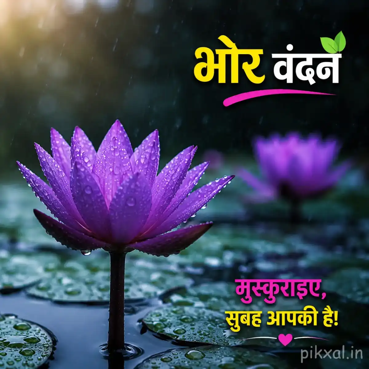 Single purple water lily covered with raindrops on a rainy pond with a भोर वंदन quote