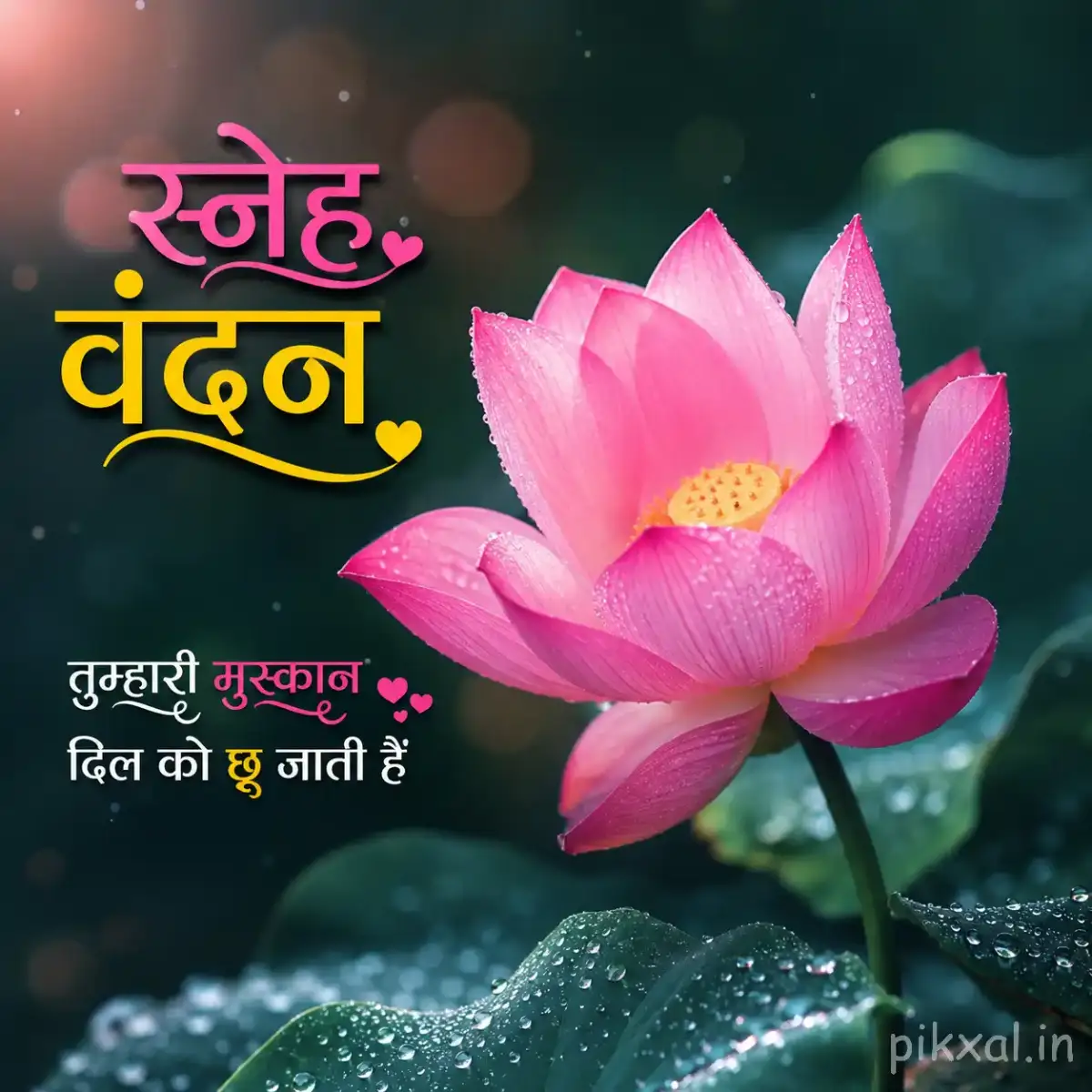 Single pink lotus flower with green lily pads and raindrops floating on a rainy pond with a स्नेह वंदन quote