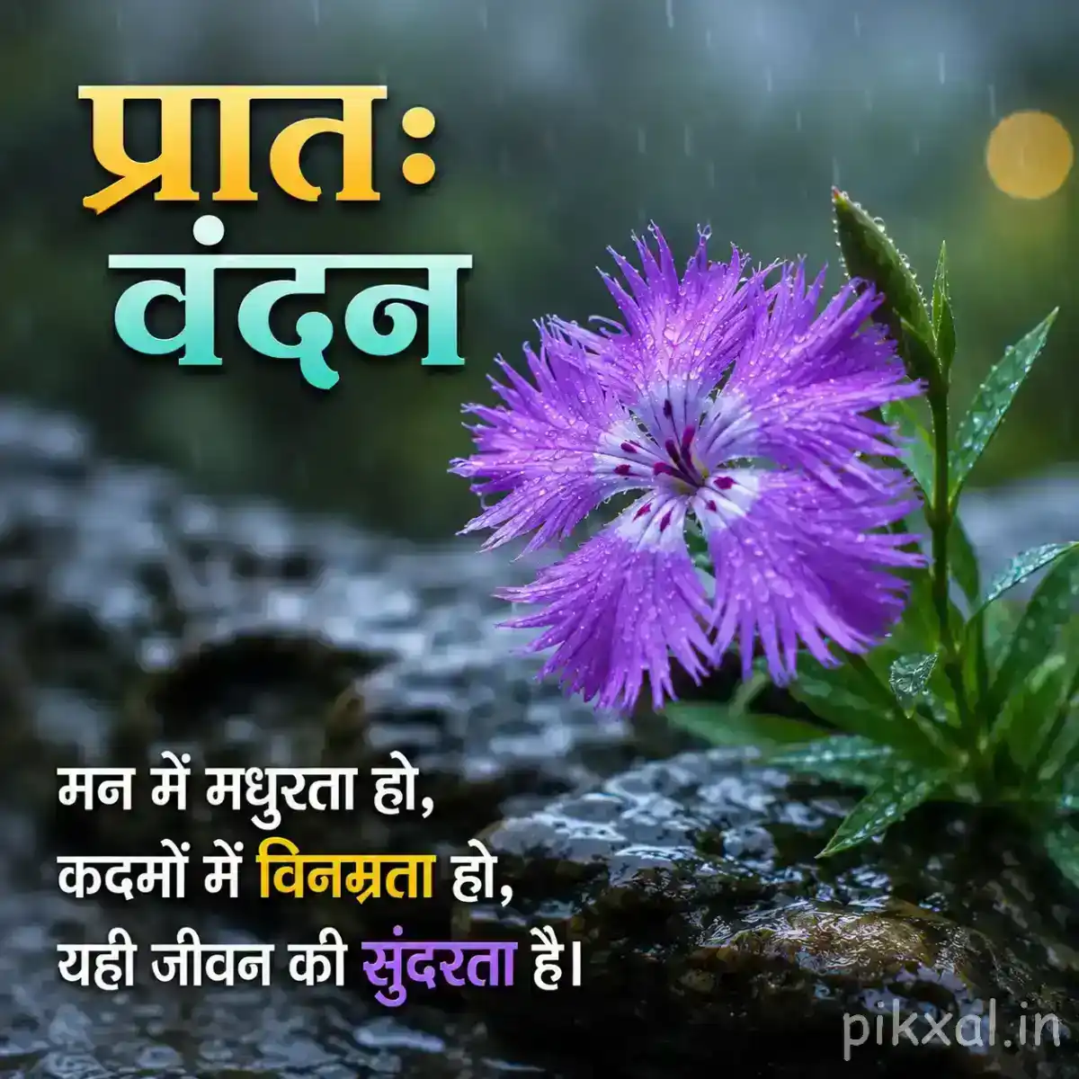 Single purple thistle-like flower with fine petals, green leaves and raindrops beside a wet garden path with a प्रातः वंदन quote