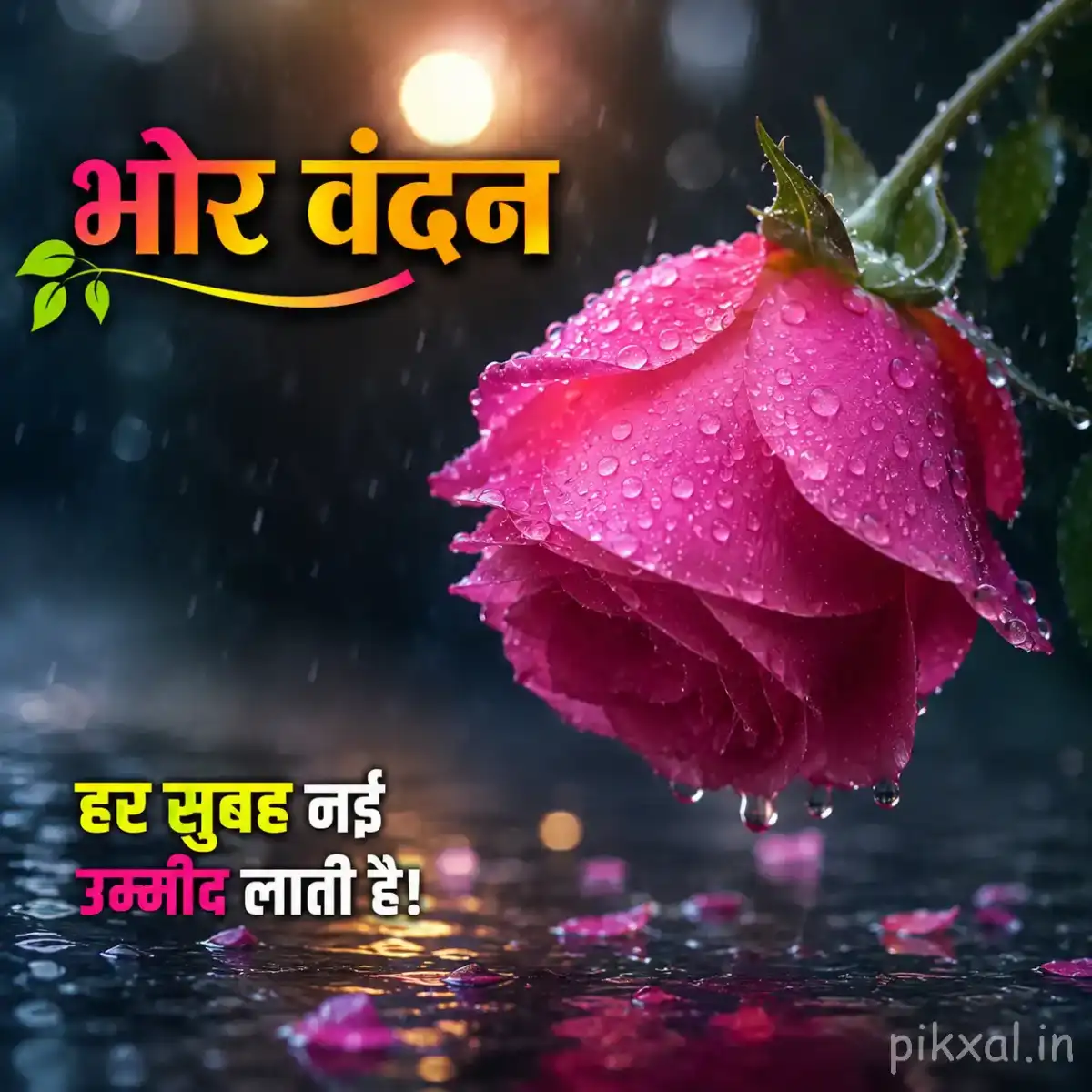 Single pink rose with green leaves and raindrops against a dark rainy garden background with a भोर वंदन quote