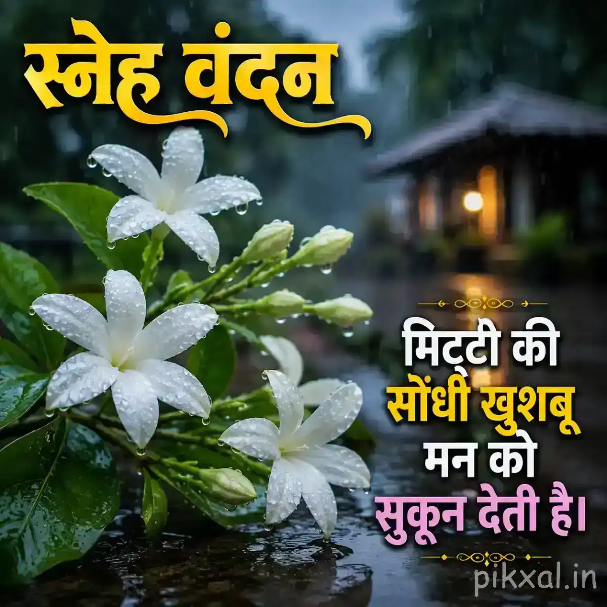 White jasmine flowers with green leaves and raindrops beside a rainy garden cottage with a स्नेह वंदन quote