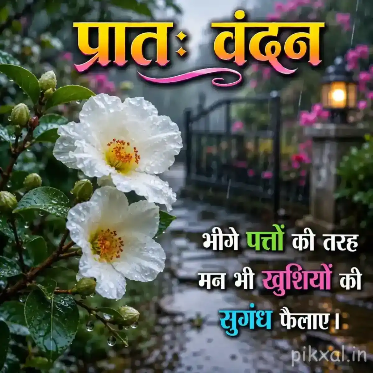 Two white flowers with yellow centers, green leaves and raindrops beside a wet garden fence with a प्रातः वंदन quote