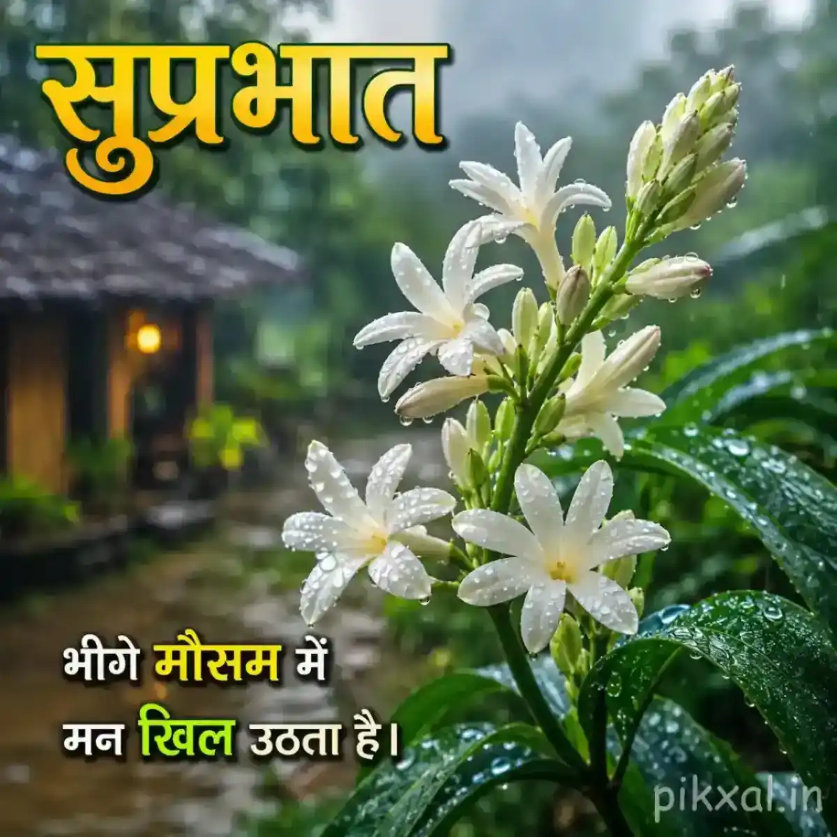 Cluster of white star-shaped flowers with green leaves and raindrops against a blurred monsoon garden background with a सुप्रभात quote