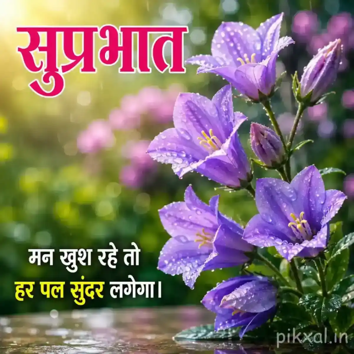 Two purple five-petaled flowers with green leaves and raindrops beside a wet pond with a सुप्रभात quote