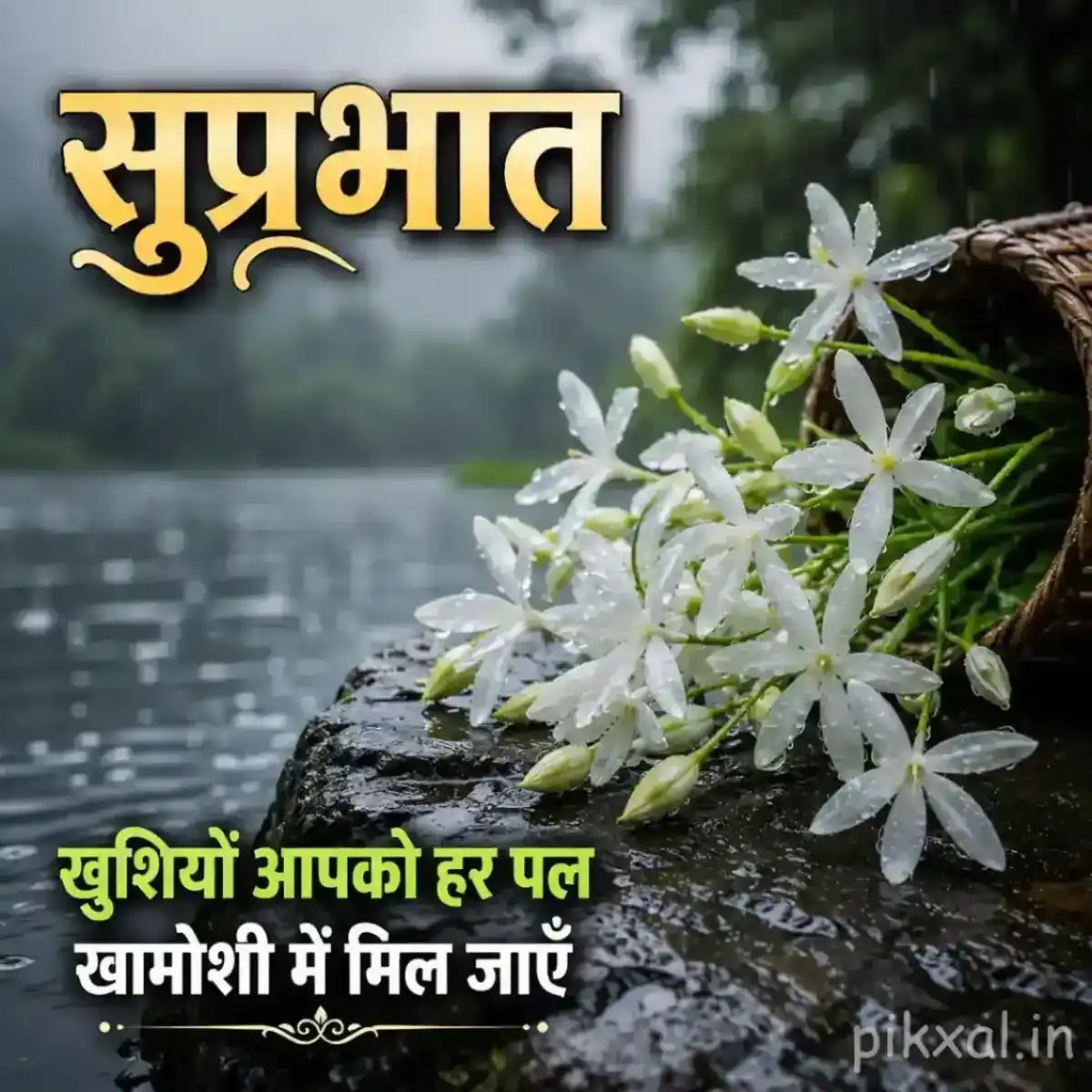 Cluster of white star-shaped flowers with green leaves and raindrops in a basket beside a rainy pond with a सुप्रभात quote