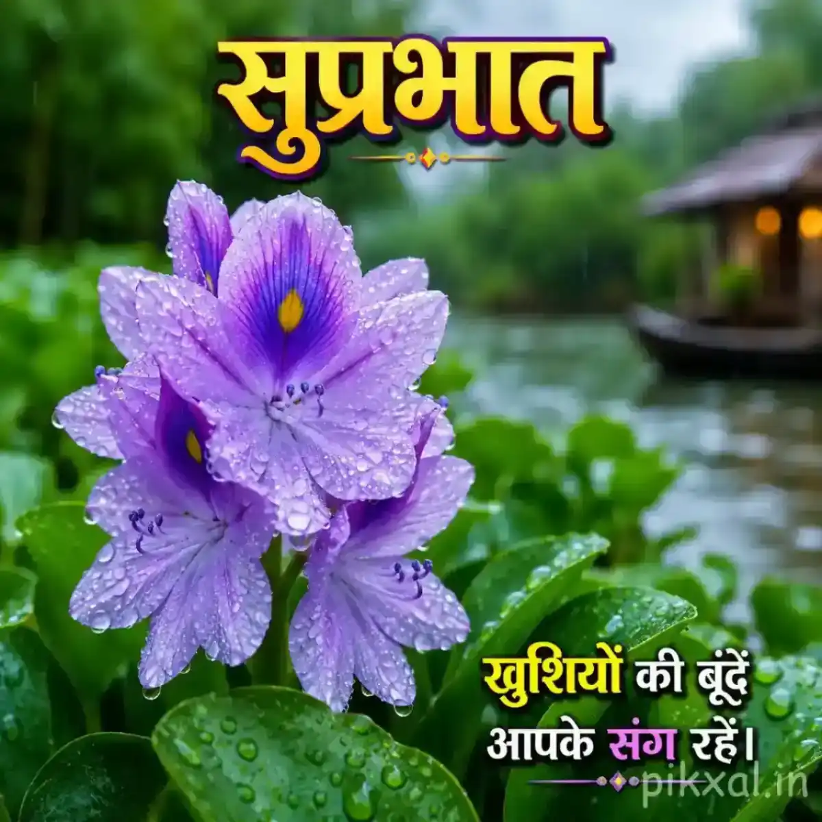 Cluster of light purple five-petaled flowers with green leaves and raindrops beside a wet garden path with a सुप्रभात quote