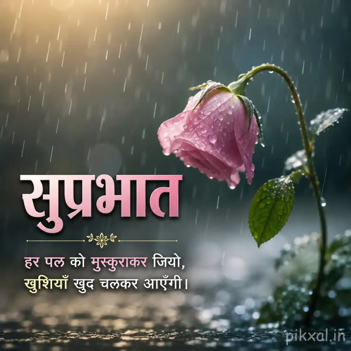 Single drooping pink bell-shaped flower covered with raindrops and green leaves against a rainy garden background with a सुप्रभात quote