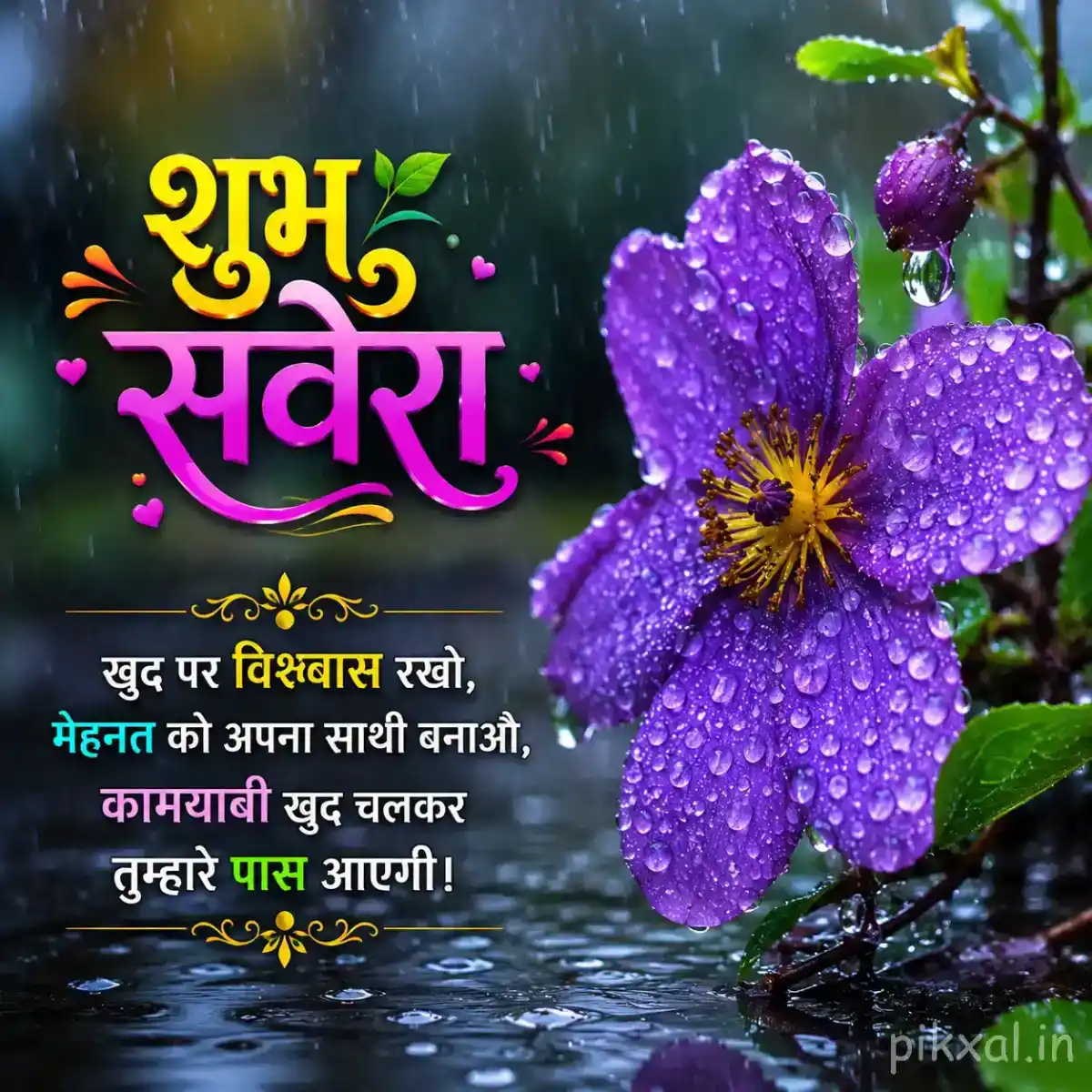 Single purple water lily with a yellow center and raindrops floating on a wet pond with a शुभ सवेरा quote