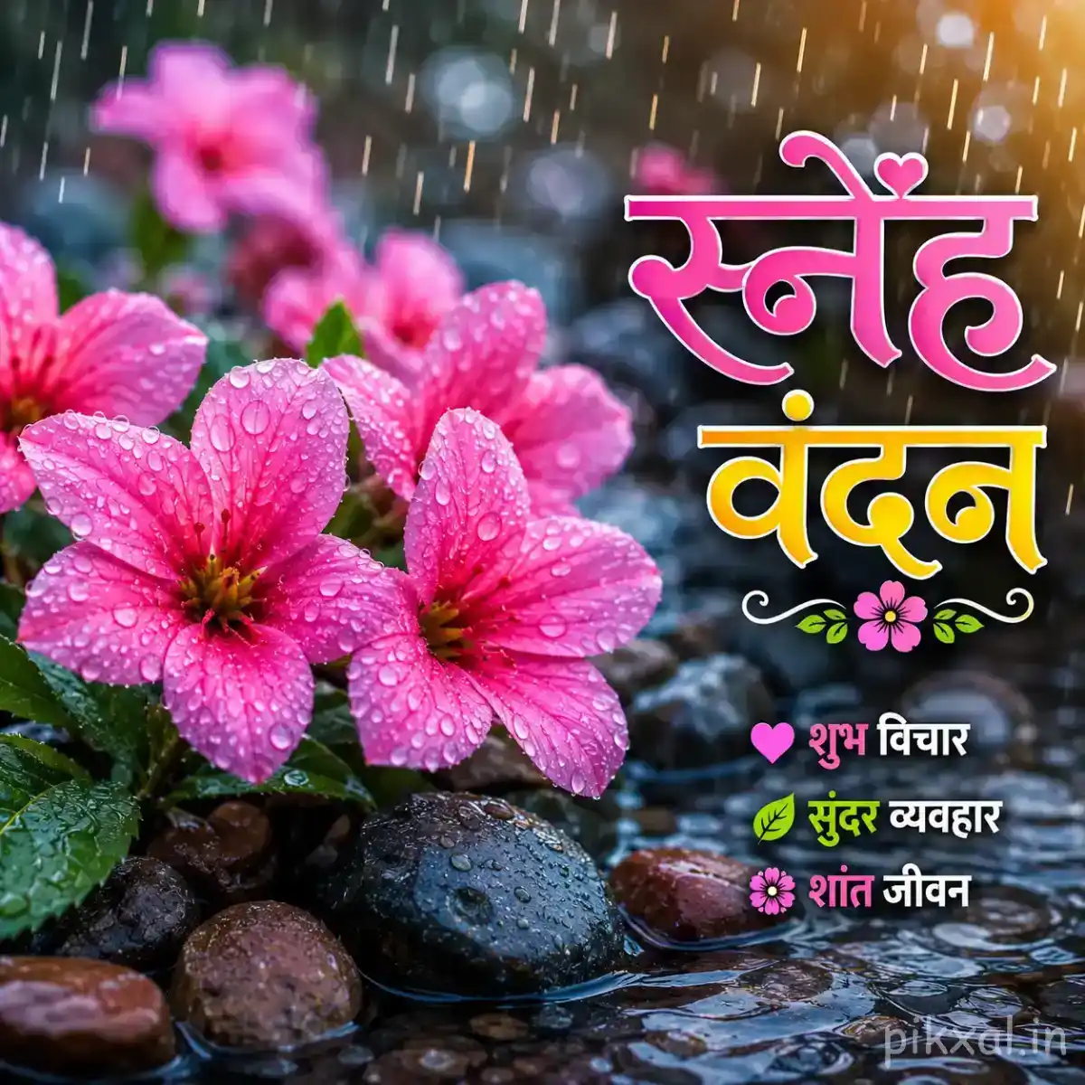Some bright pink flowers with green leaves and raindrops arranged beside wet stones in a rainy garden with a स्नेह वंदन quote