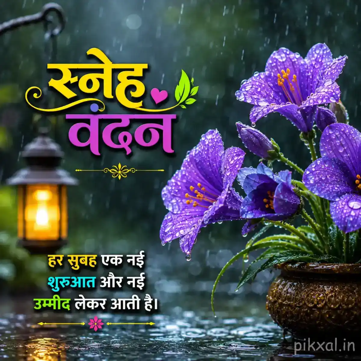 Rainy Good Morning Images featuring a cluster of purple flowers with green leaves and raindrops beside a lantern-lit rainy garden path
