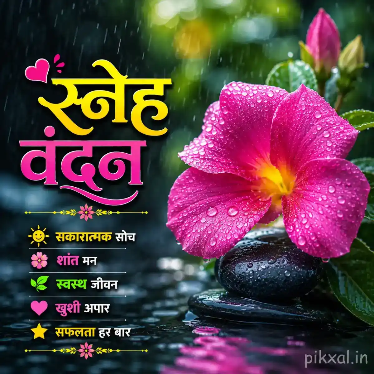 Single bright pink hibiscus flower with a yellow center, green leaves and raindrops beside wet black stones with a स्नेह वंदन quote