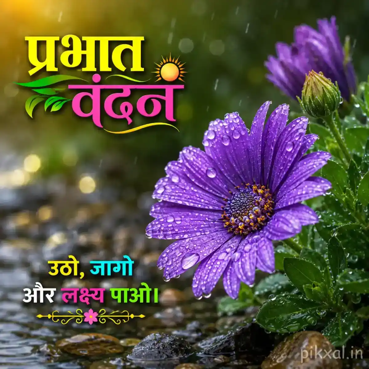 Single purple daisy-like flower with green leaves and raindrops against a blurred rainy garden background with a प्रभात वंदन quote