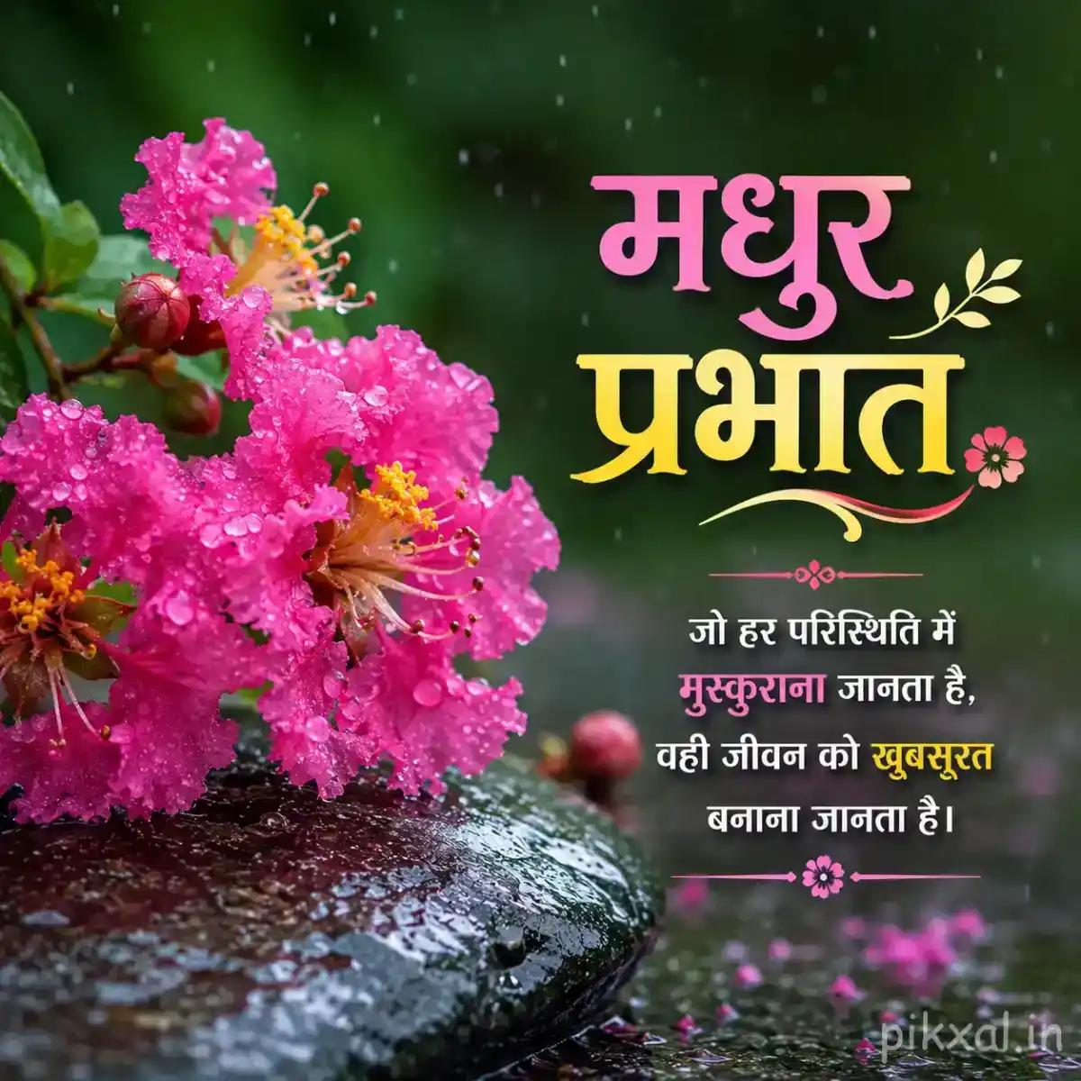 Cluster of pink bougainvillea flowers with green leaves and raindrops beside wet stones with a मधुर प्रभात quote
