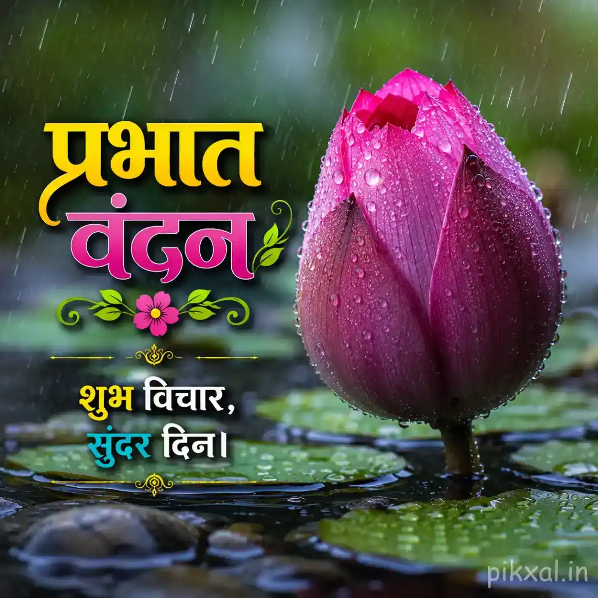 Single pink lotus bud covered with raindrops and green lily pads beside a wet pond with a प्रभात वंदन quote