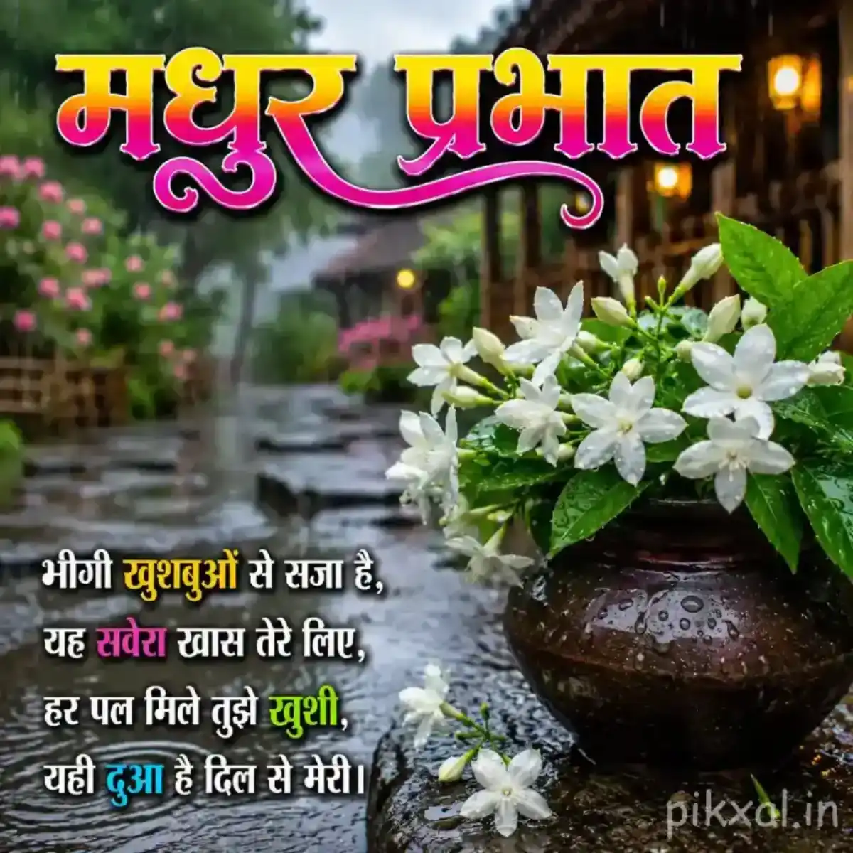 Cluster of white jasmine flowers with green leaves and raindrops beside a wet garden pond with a मधुर प्रभात quote