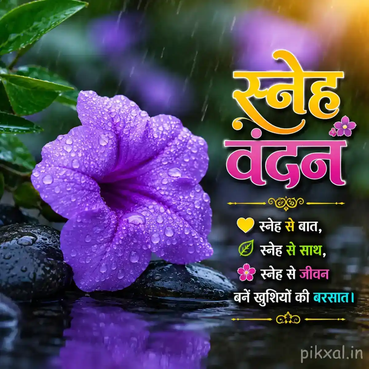 Single purple morning glory flower with green leaves and raindrops beside wet stones with a स्नेह वंदन quote