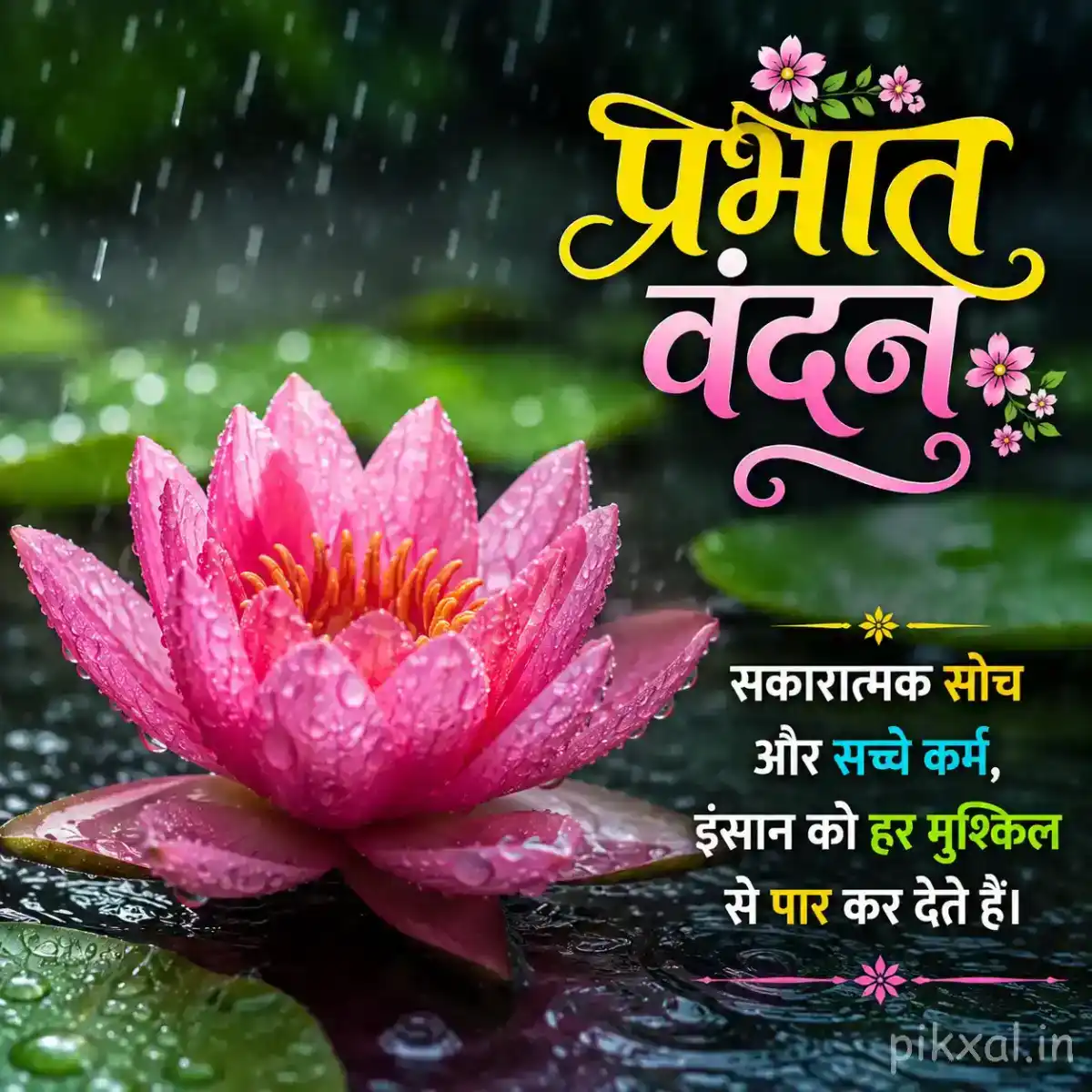 Single pink lotus flower with green lily pads and raindrops floating on a rainy pond with a प्रभात वंदन quote