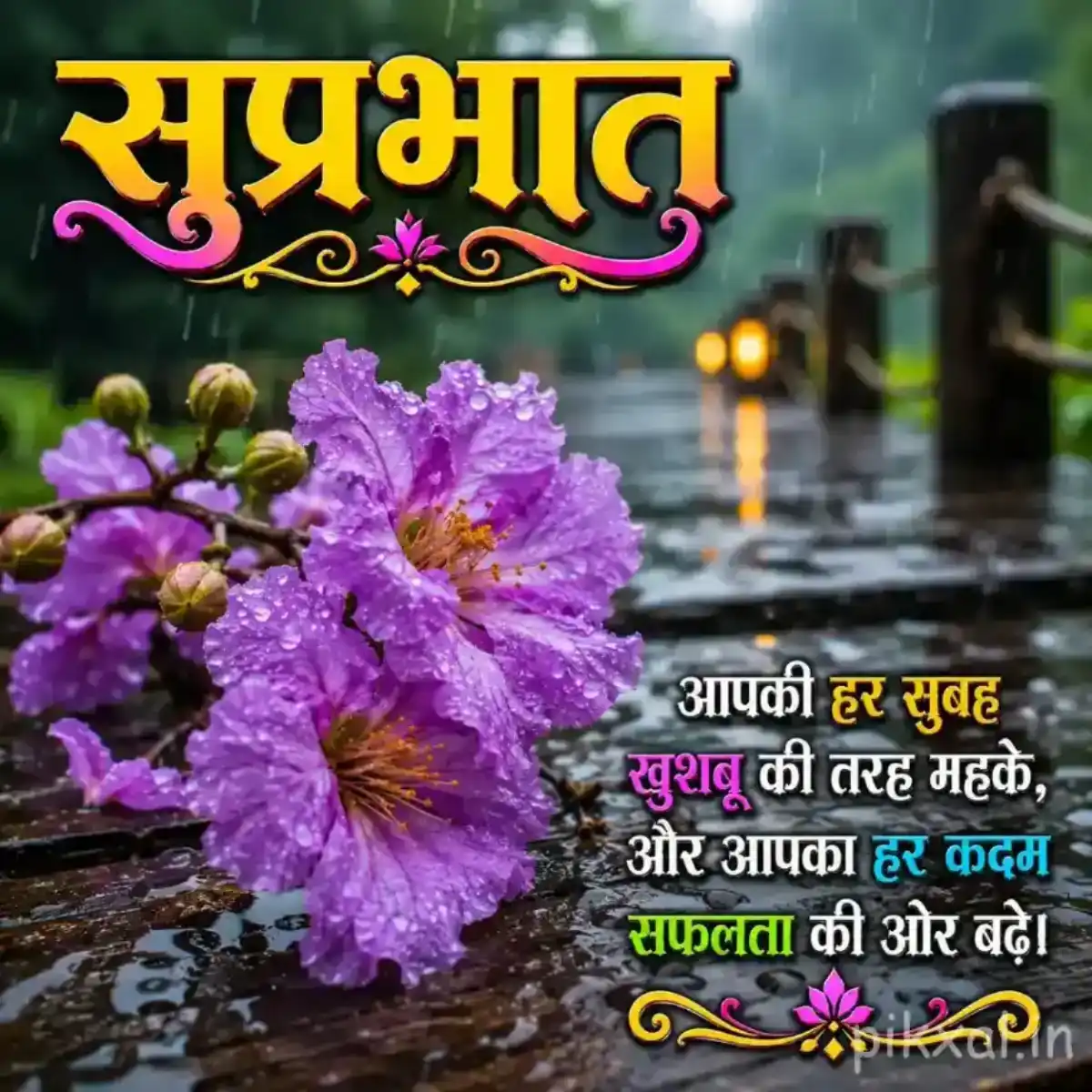 Cluster of purple flowers with green leaves and raindrops beside a rainy garden path with a सुप्रभात quote