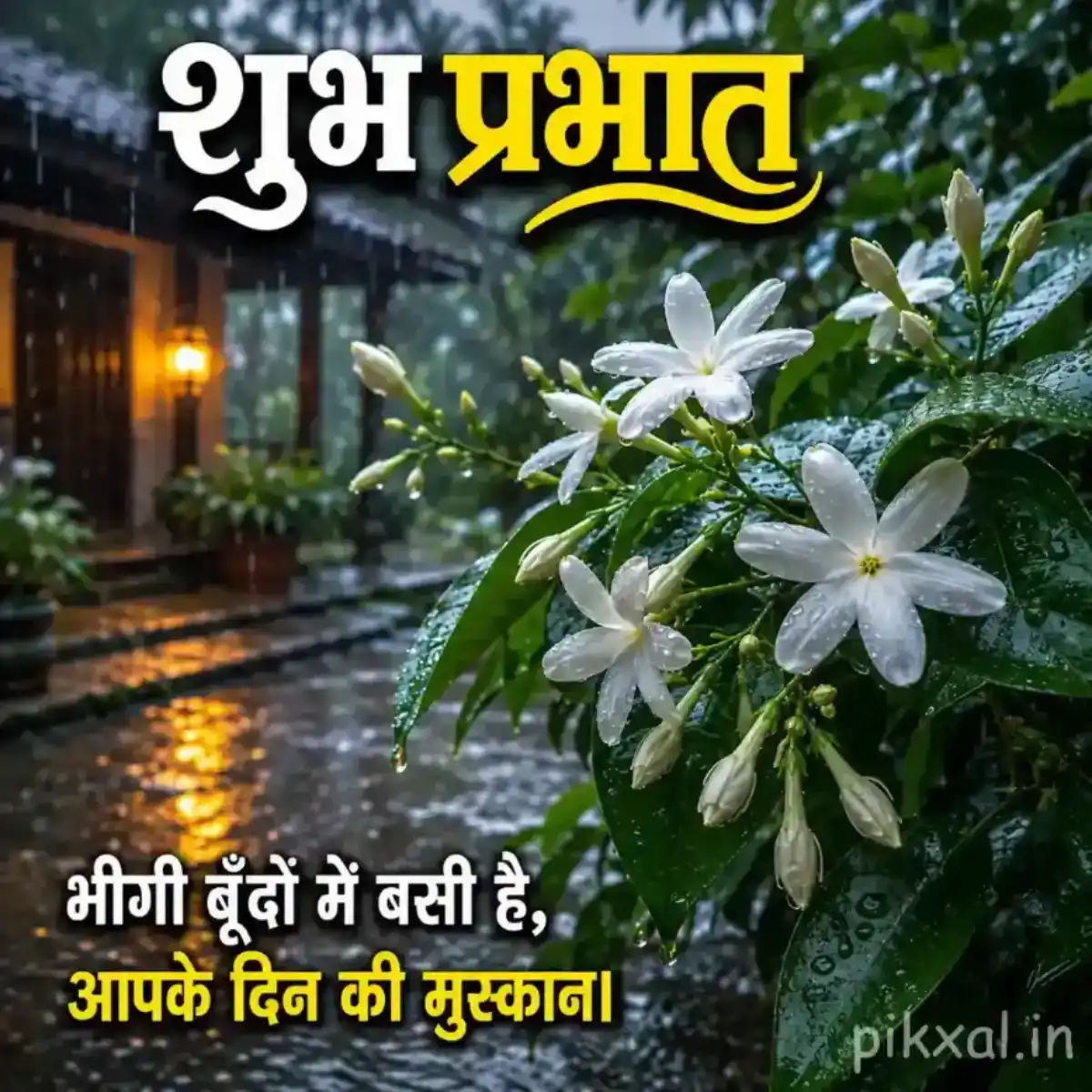 Rainy Good Morning Images featuring white jasmine flowers with green leaves and raindrops beside a wet garden path