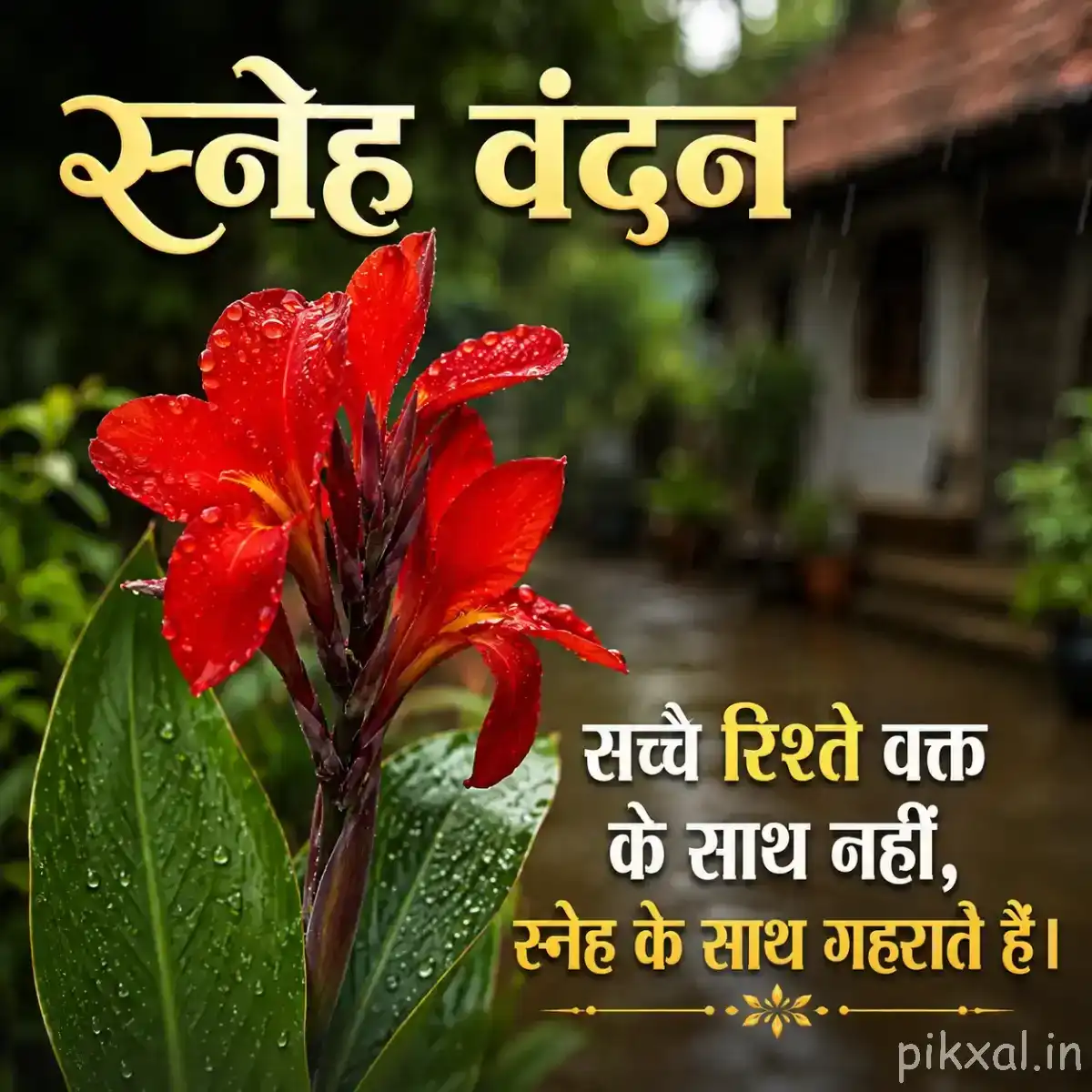 Red flower with green leaves and a Hindi morning message