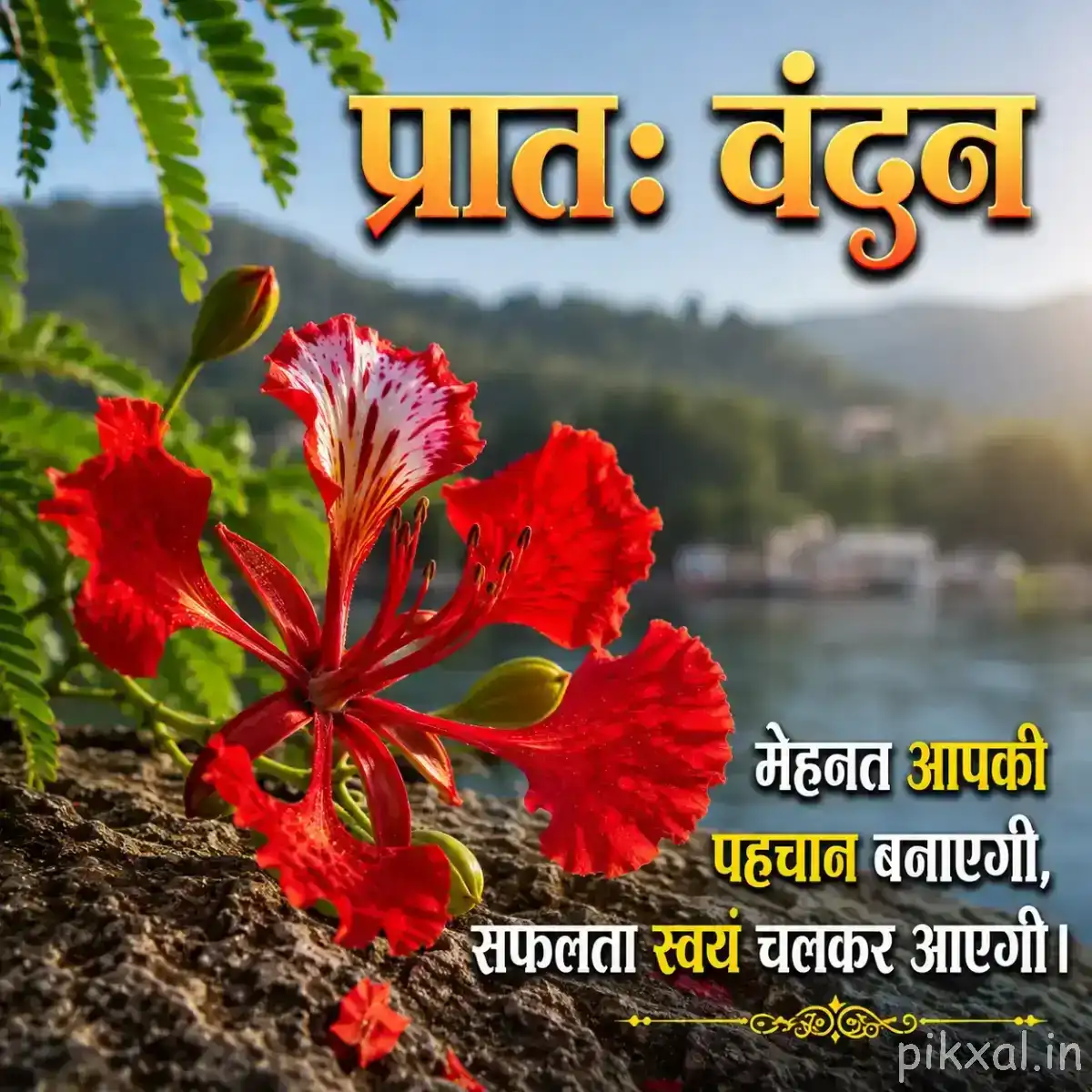 Red striped flowers with buds, leafy branches, and a Hindi morning wish