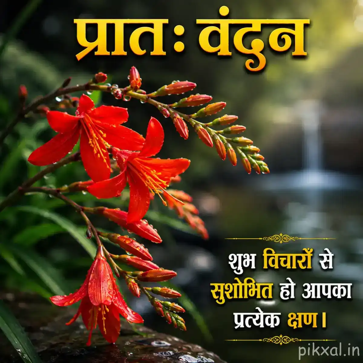 Red flowers on leafy branches with a Hindi morning wish