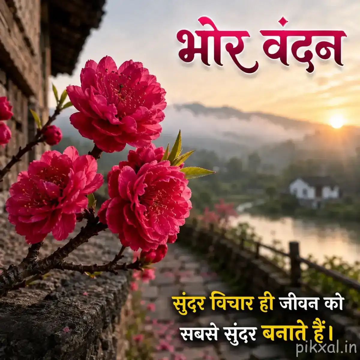 Several pink flowers with layered petals on a branch against a misty mountain landscape