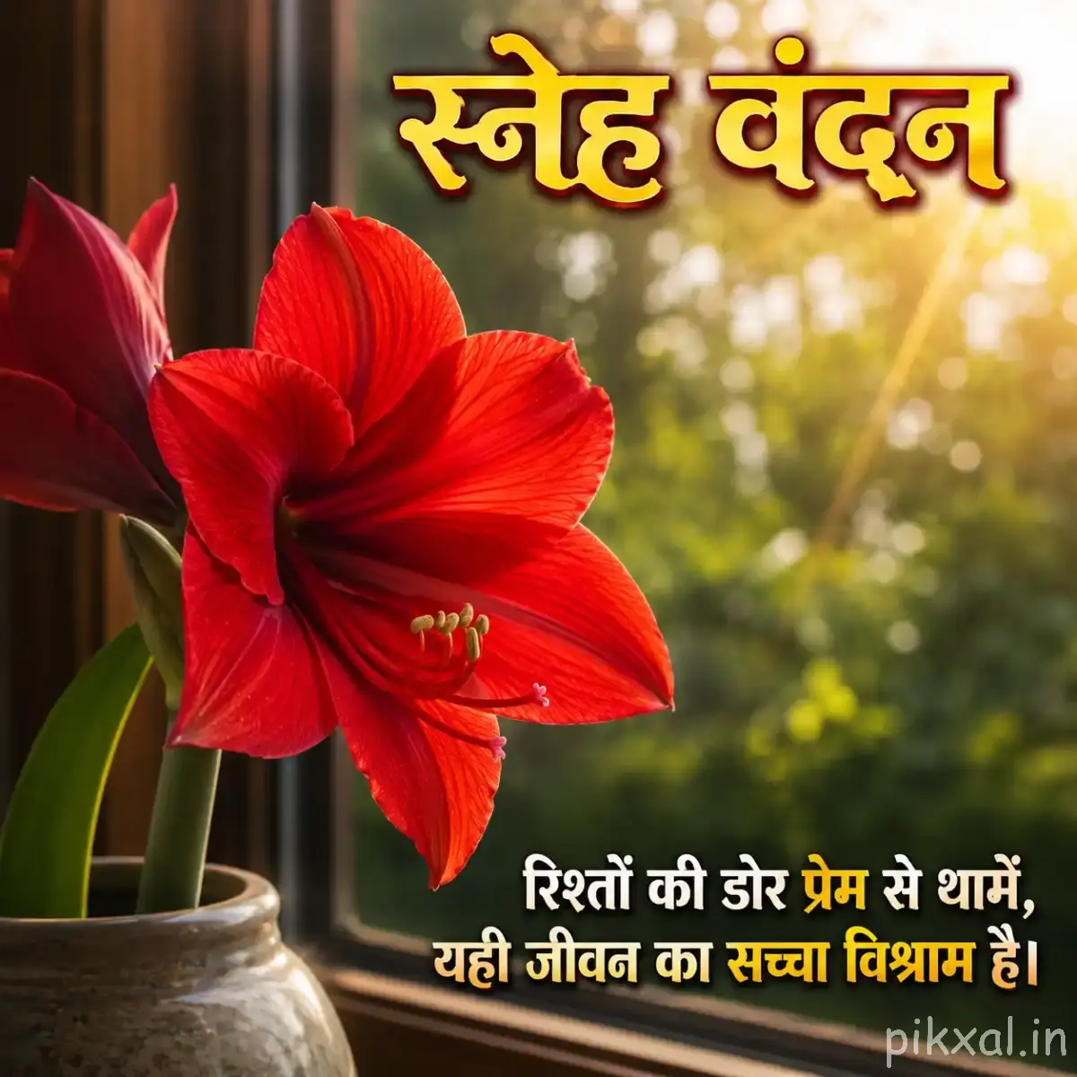 Large red flower with broad curved petals growing upright beside green leaves in a pot