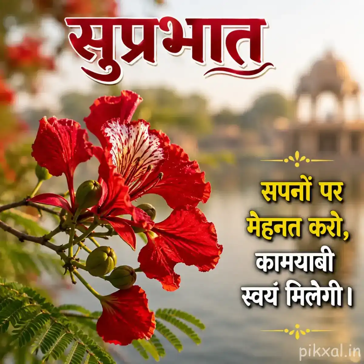 Cluster of red flowers with ruffled petals and prominent stamens on a leafy branch with a Hindi morning wish