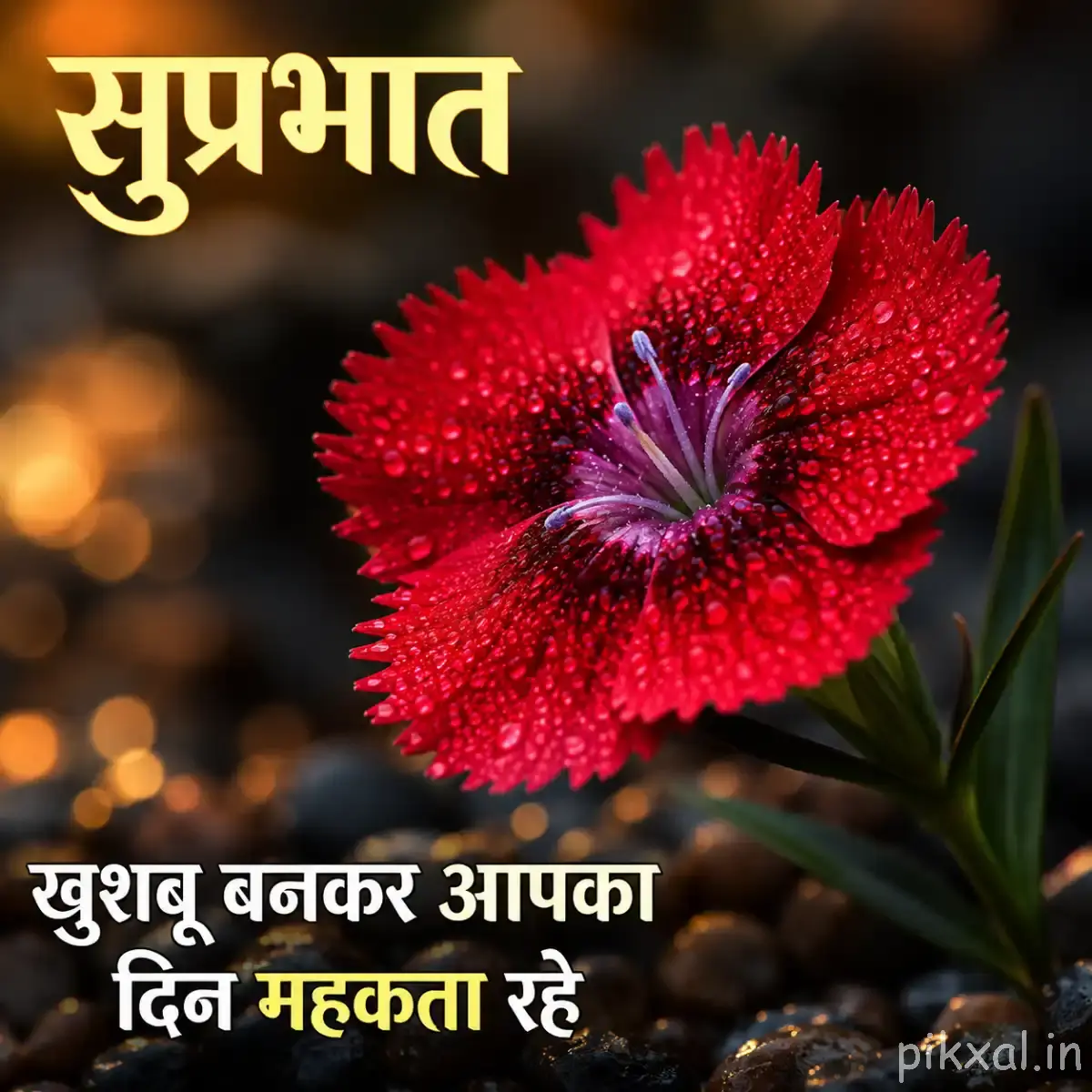 Dark red flower with densely fringed petals and a purple center against warm blurred foliage